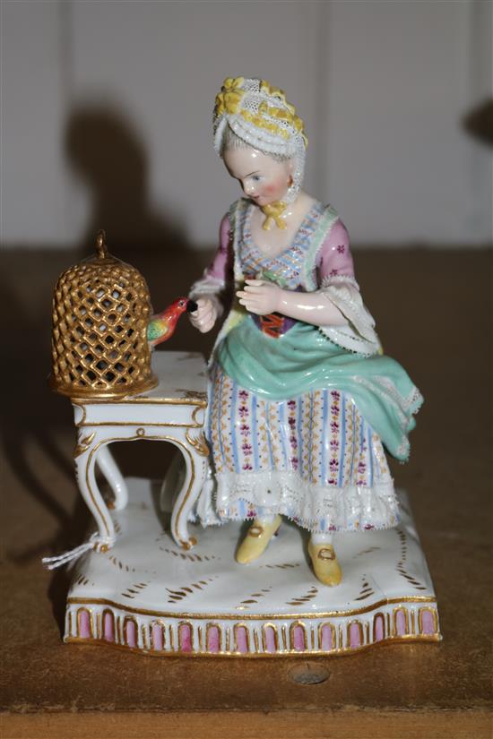 A Meissen group of a lady in 18th century dress, emblematic of Touch, late 19th century, 15cm